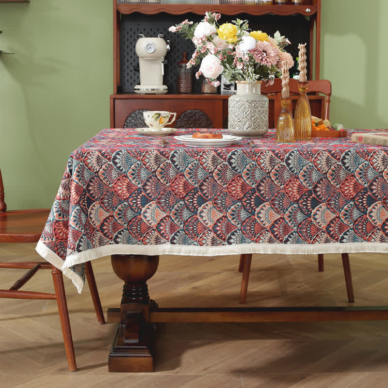 SUENTA Boho Tischdecke Waschbar Schmutzabweisend Für Wohnzimmer Dunkelblau & Ziegelrot