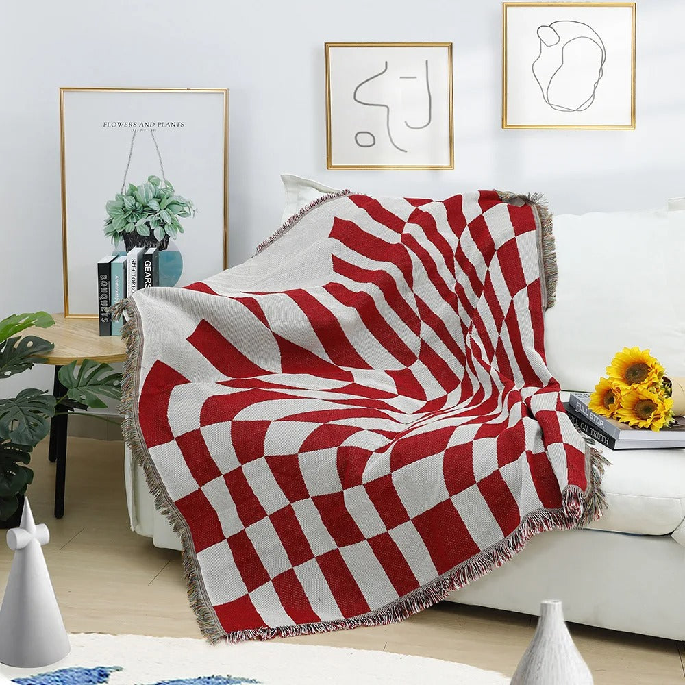 SUENTA Bunte Wurfdecke 130x160 cm aus Polyester und Baumwolle mit Fransen Rot
