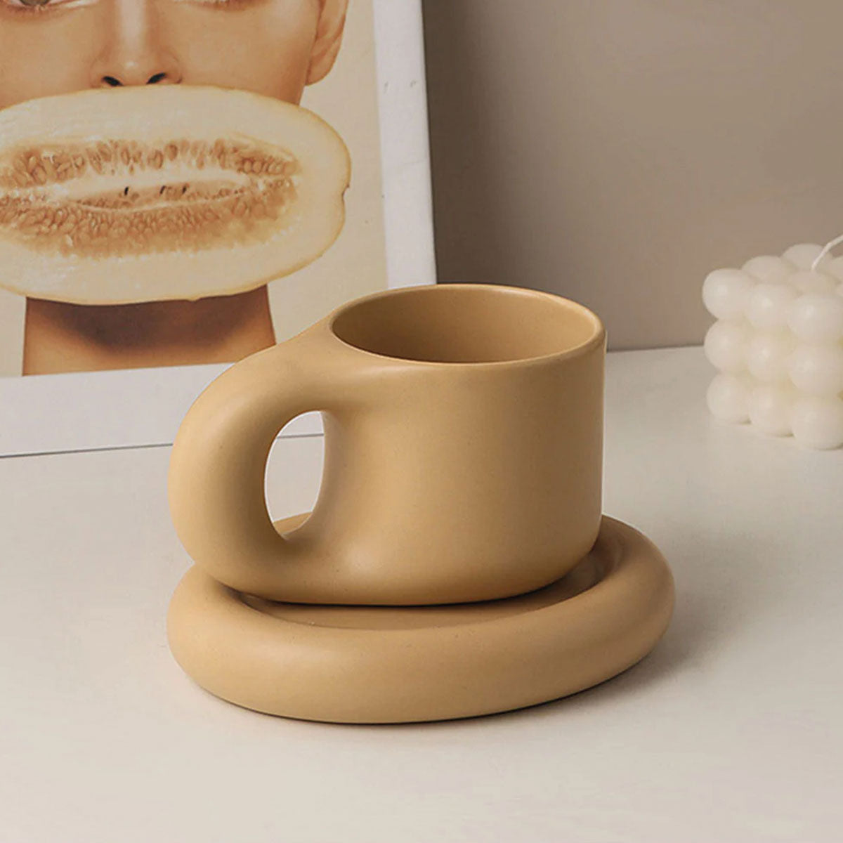 SUENTA Chunky Keramik Espressotassen im Boho-Stil mit Ergonomischem Griff Tan