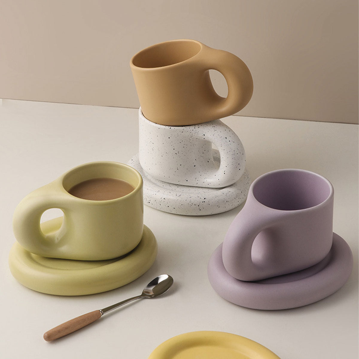 SUENTA Chunky Keramik Espressotassen im Boho-Stil mit Ergonomischem Griff