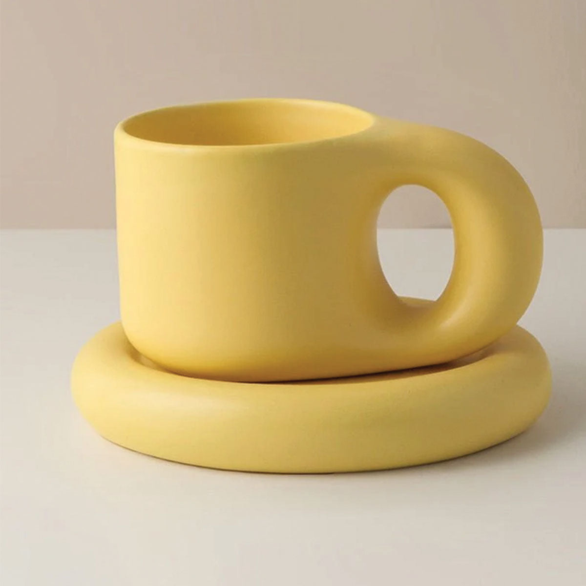 SUENTA Chunky Keramik Espressotassen im Boho-Stil mit Ergonomischem Griff Gelb