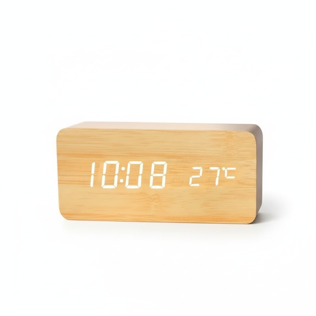 SUENTA Digitaler LED Wecker Aus Naturholz Mit Leuchtendem Display