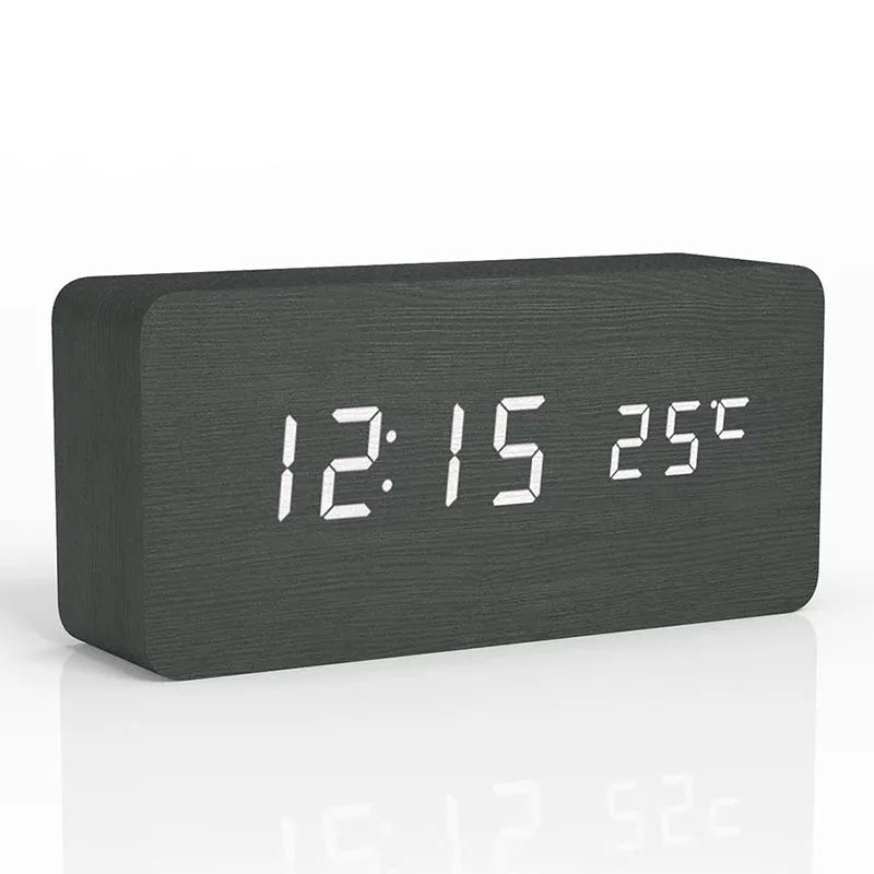 SUENTA Digitaler LED Wecker Aus Naturholz Mit Leuchtendem Display Schwarz