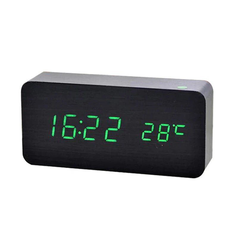 SUENTA Digitaler LED Wecker Aus Naturholz Mit Leuchtendem Display Schwarz grüne LED