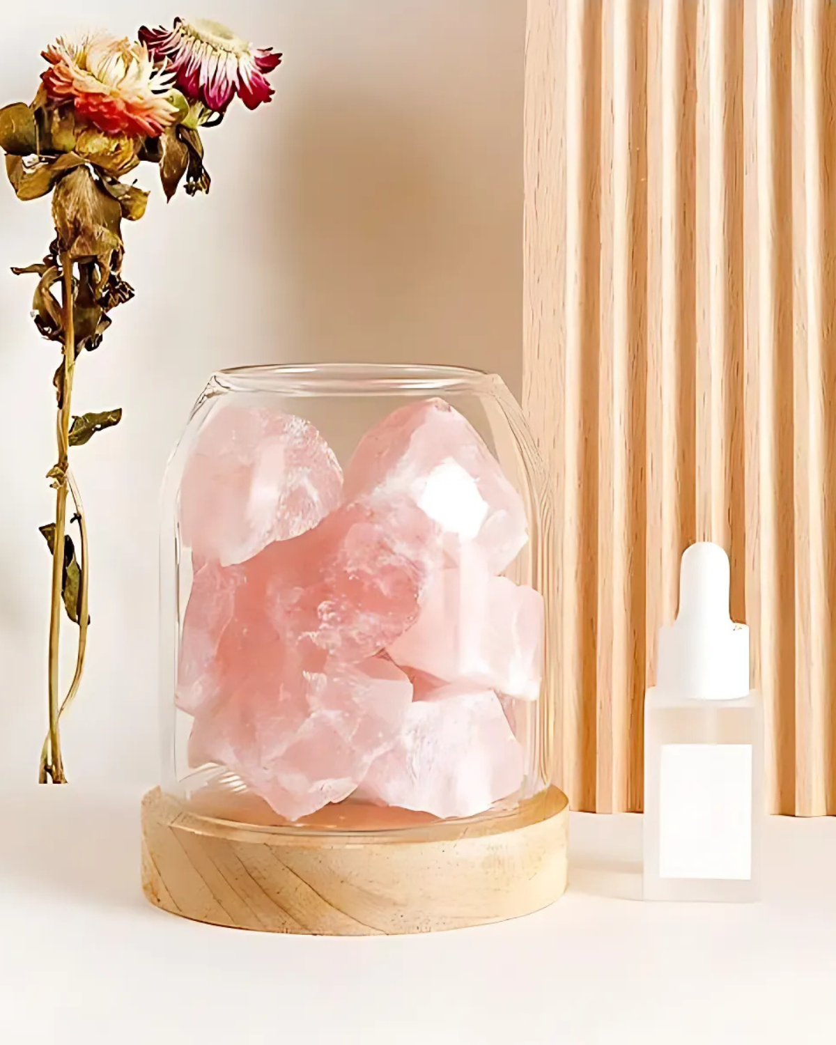 SUENTA Elegante Kristall Dekoration mit Glaskuppel und Holzsockel – Rosé und Klar