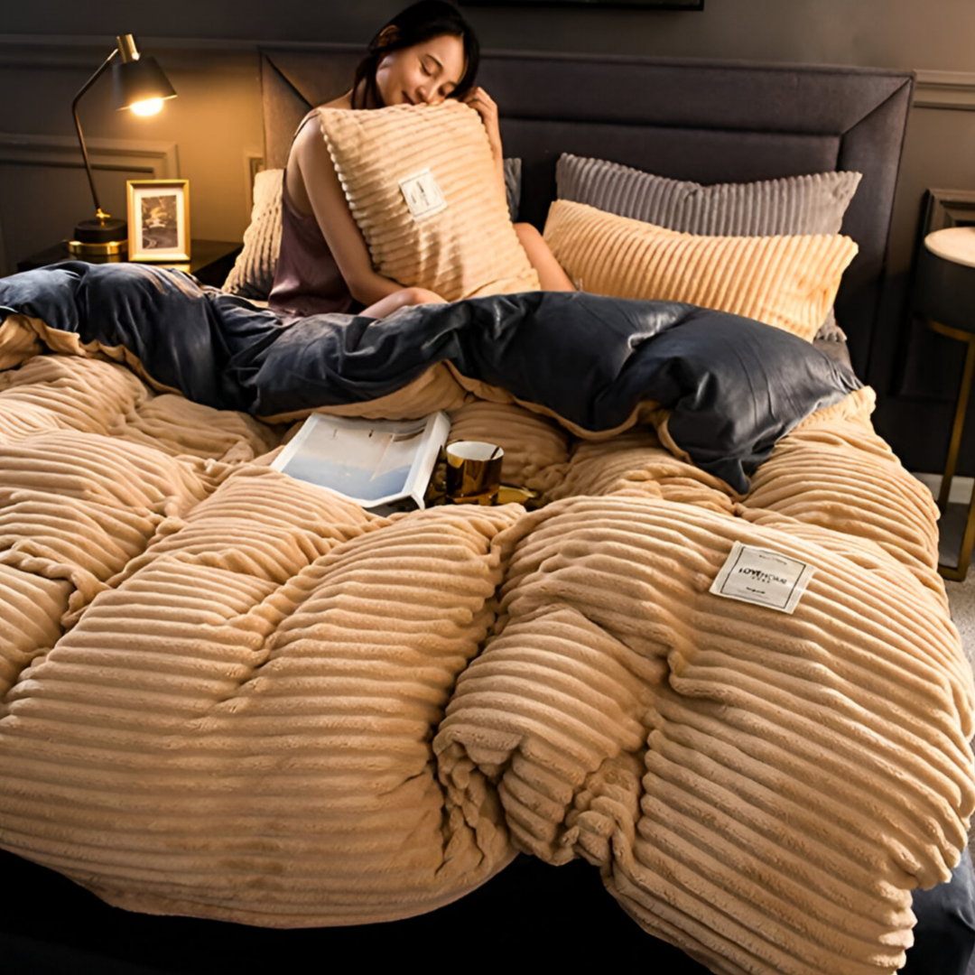 SUENTA Flauschiger Bettbezug 160x210 aus Fleece und Mikrofaser für ganzjährigen Komfort Beige