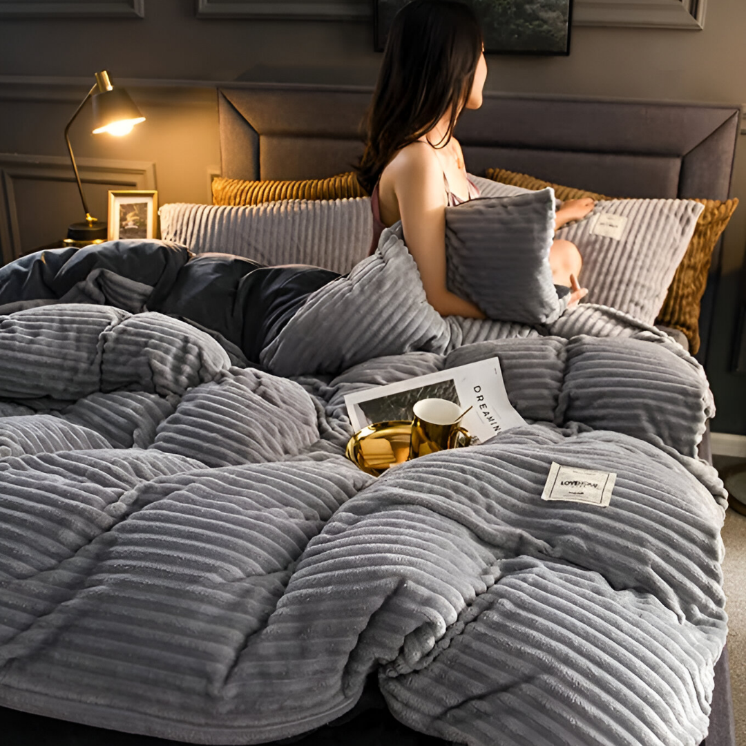 SUENTA Flauschiger Bettbezug 160x210 aus Fleece und Mikrofaser für ganzjährigen Komfort Grau