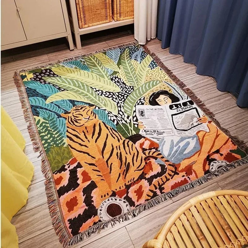 SUENTA Gemütliche Wohndecke mit Quasten aus Polyester-Baumwolle – Vielseitig einsetzbar, Jacquard-Webart mit Tiger-Motiv