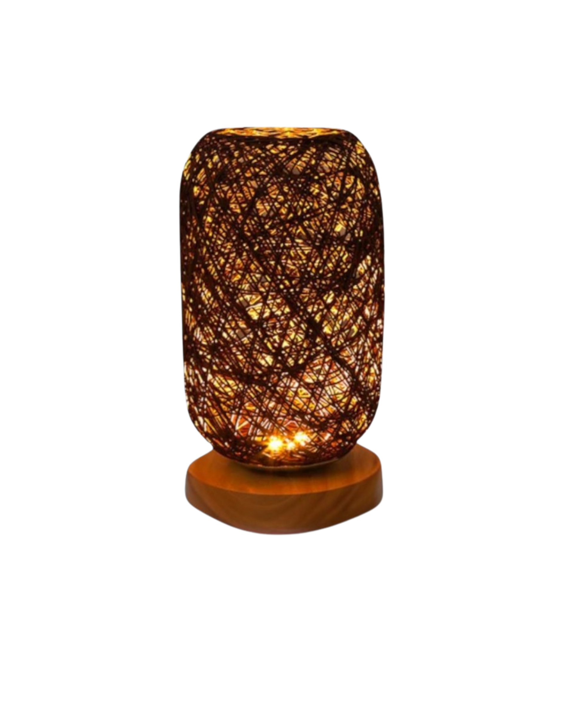 SUENTA Handgemachte Nachttischlampe aus Rattan mit Holzfuß – Bohemien Stil Braun