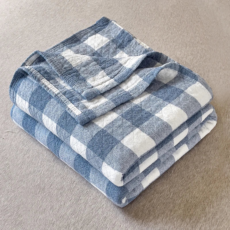 SUENTA Japanische Baumwoll-Decke 150x200 cm – Dreilagig und Atmungsaktiv Blau Karomuster