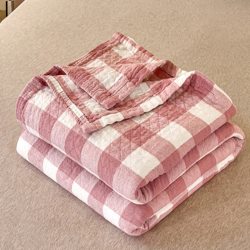 SUENTA Japanische Baumwoll-Decke 150x200 cm – Dreilagig und Atmungsaktiv Rot Karomuster