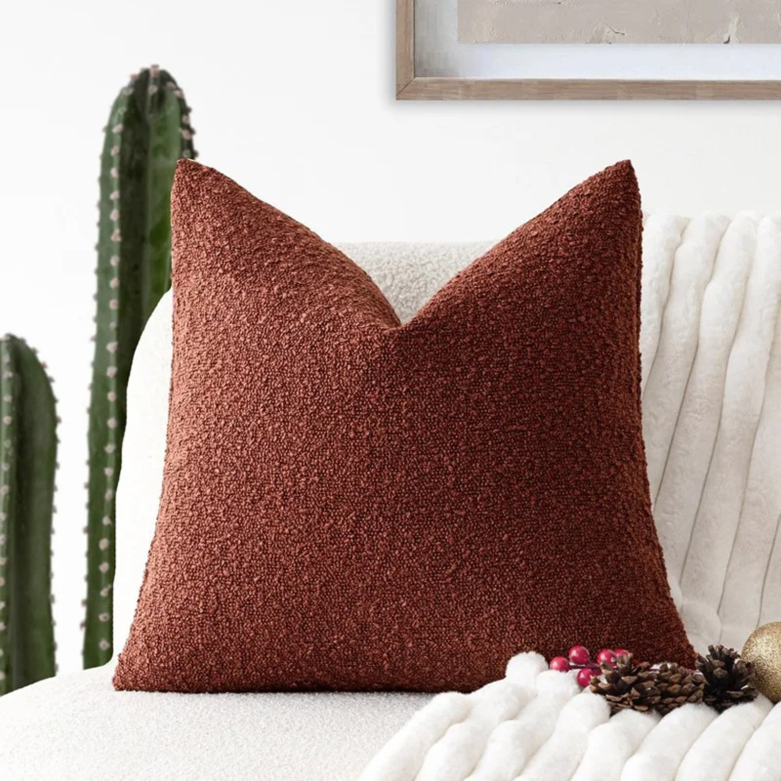 SUENTA Kissenbezug 45x45cm Aus Hochwertigem Boucle Stoff Für Sofa Ziegelrot