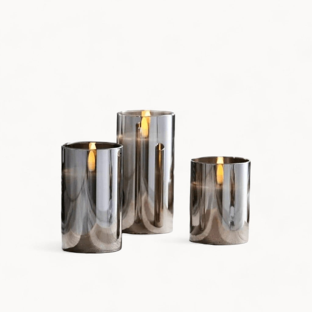 SUENTA LED-Kerzen Set mit Realistischem Flammeneffekt – Grau Glas, 3er Set Default