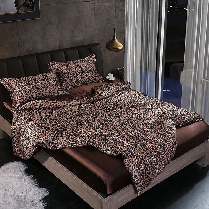 SUENTA Luxuriöse Seide Satin Bettwäsche Vierteilig Schlafkomfort Leopard
