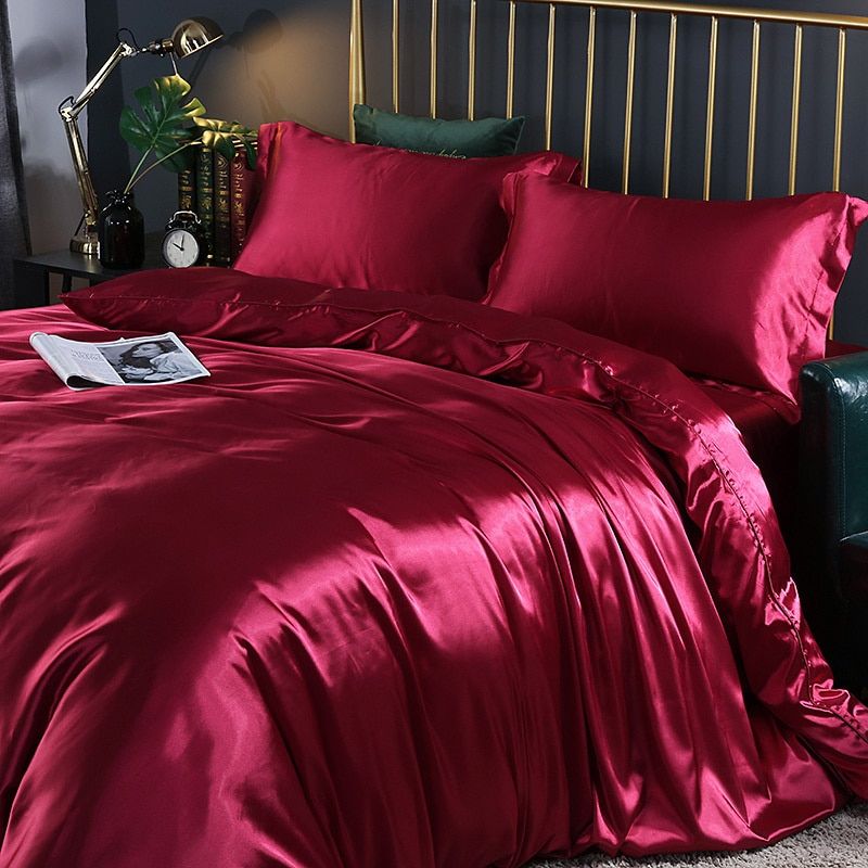 SUENTA Luxuriöse Seide Satin Bettwäsche Vierteilig Schlafkomfort Rot