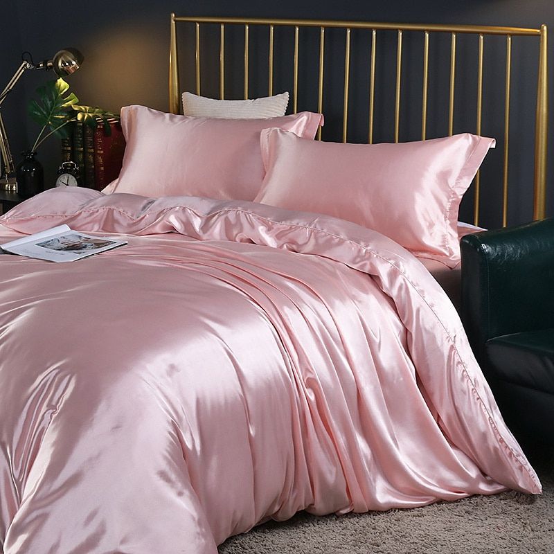 SUENTA Luxuriöse Seide Satin Bettwäsche Vierteilig Schlafkomfort Rosa