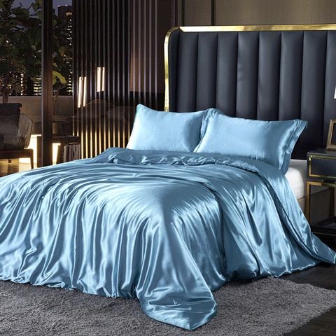 SUENTA Luxuriöse Seide Satin Bettwäsche Vierteilig Schlafkomfort Himmelblau