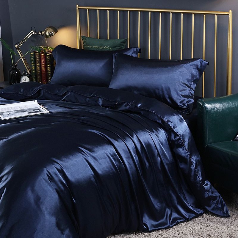 SUENTA Luxuriöse Seide Satin Bettwäsche Vierteilig Schlafkomfort Royalblau