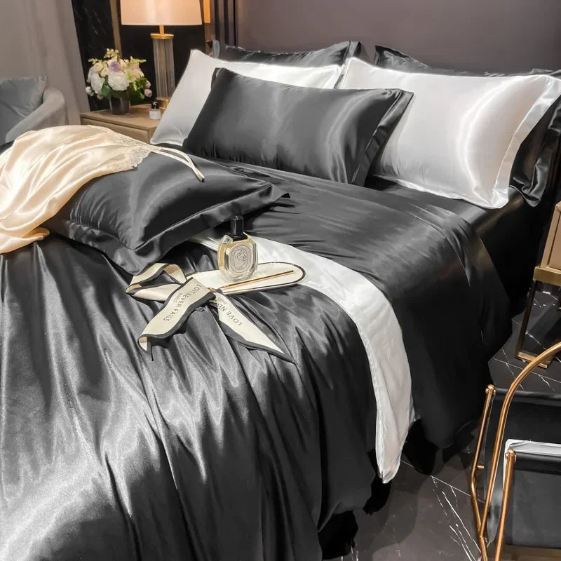 SUENTA Luxuriöse Seidenbettwäsche Set Ruhiger Schlafkomfort Satinschwarz