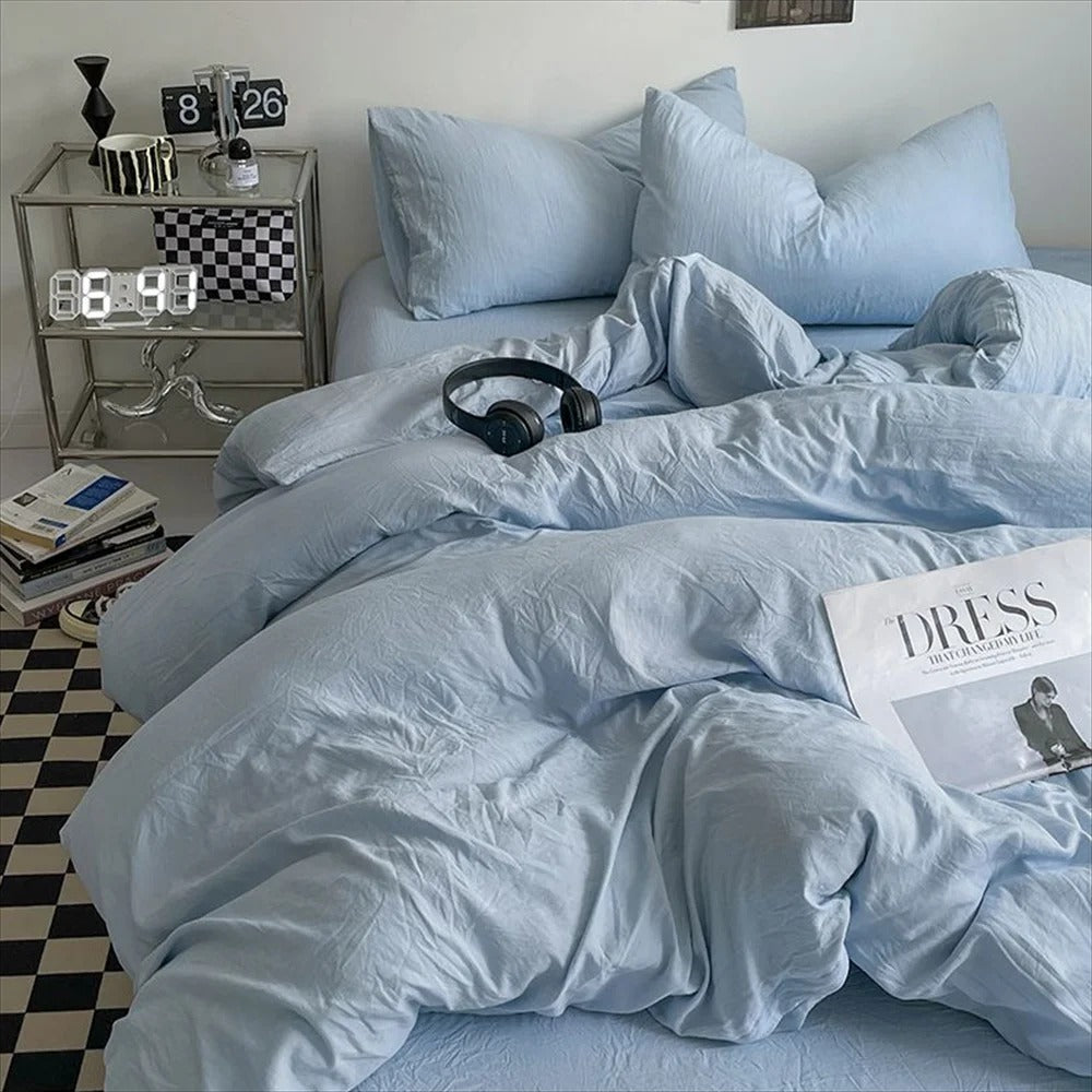 SUENTA Luxuriöser Bettbezug 160x210 aus Polyester und Bambusfaser – 4-teiliges Set Hellblau