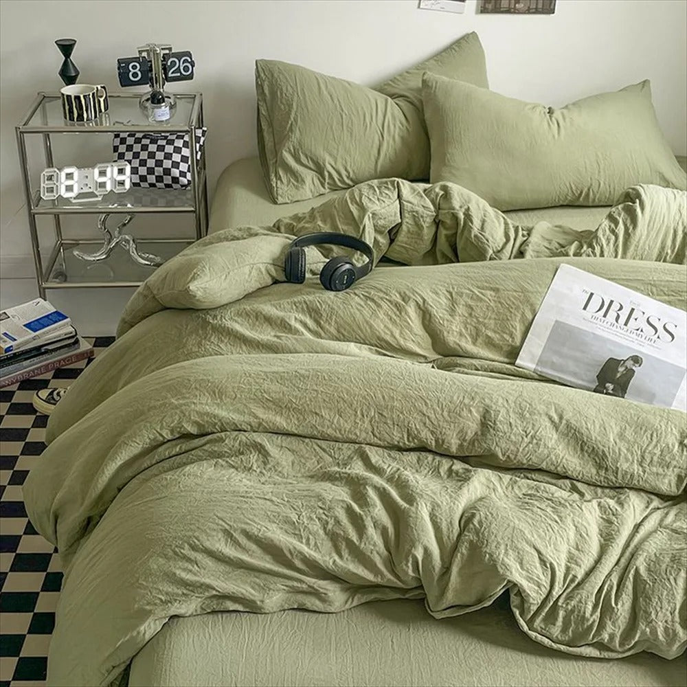 SUENTA Luxuriöser Bettbezug 160x210 aus Polyester und Bambusfaser – 4-teiliges Set Hellgrün