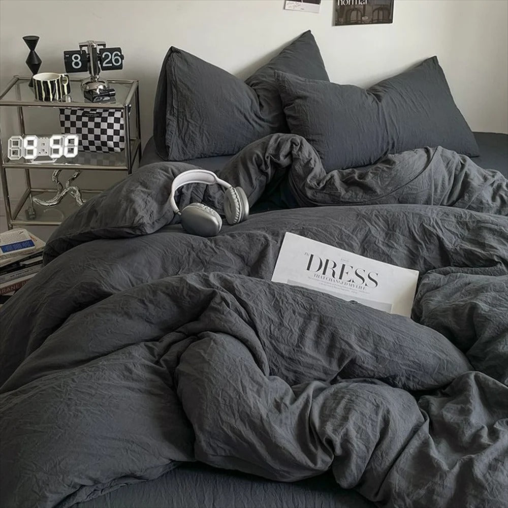 SUENTA Luxuriöser Bettbezug 160x210 aus Polyester und Bambusfaser – 4-teiliges Set Schwarz