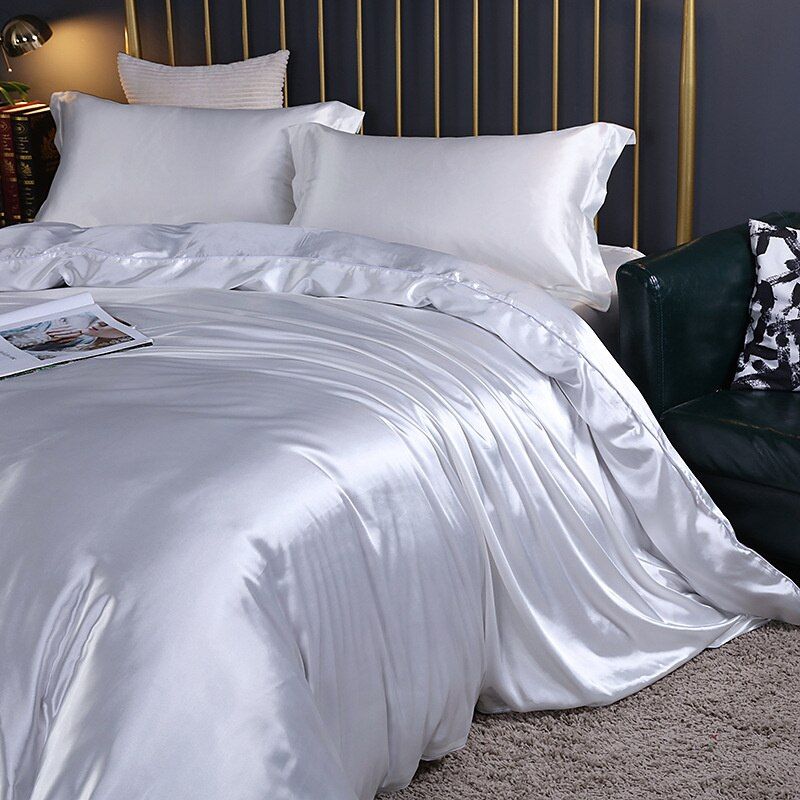SUENTA Luxuriöses Seiden Satin Bettwäscheset 4 Teilig Schlafzimmer Weiß