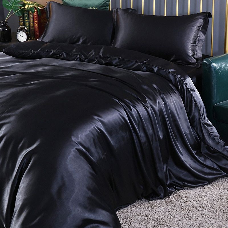 SUENTA Luxuriöses Seiden Satin Bettwäscheset 4 Teilig Schlafzimmer Schwarz