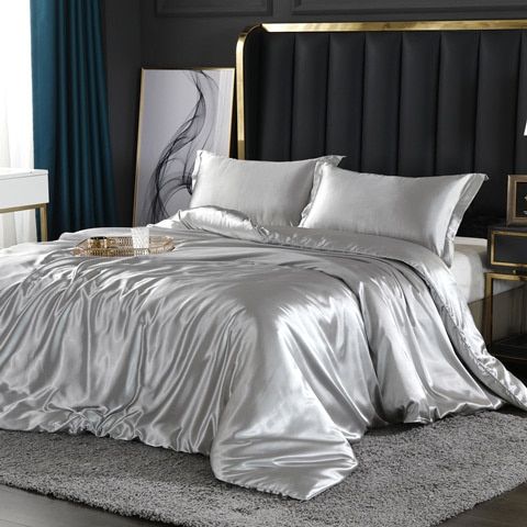 SUENTA Luxuriöses Seiden Satin Bettwäscheset 4 Teilig Schlafzimmer Silber