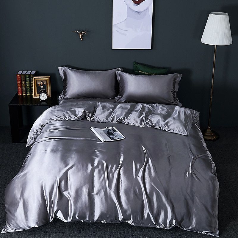 SUENTA Luxuriöses Seiden Satin Bettwäscheset 4 Teilig Schlafzimmer Dunkelsilber