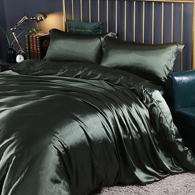 SUENTA Luxuriöses Seiden Satin Bettwäscheset 4 Teilig Schlafzimmer Smaragdgrün