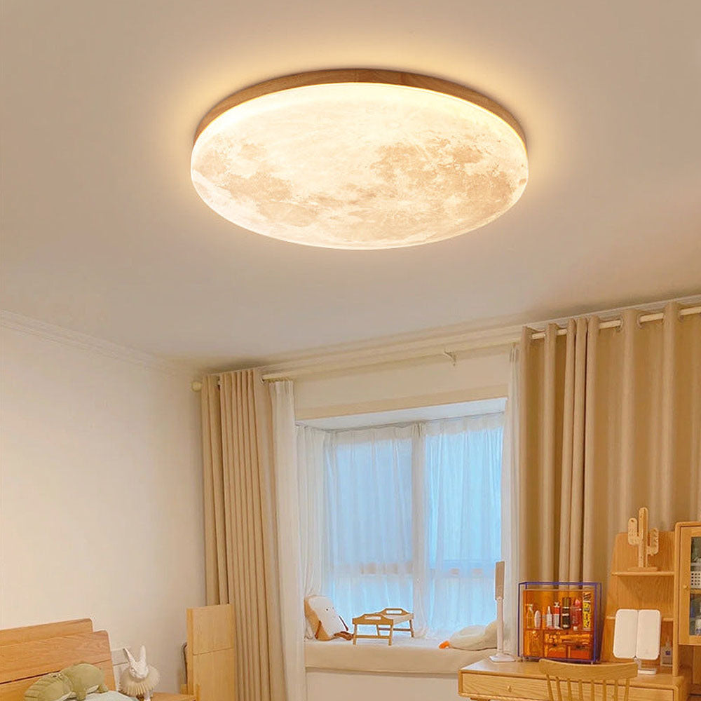 SUENTA Minimalistische Runde LED Deckenleuchte Mond Warmweiß Holz 3 Farbwechsel per Schalter