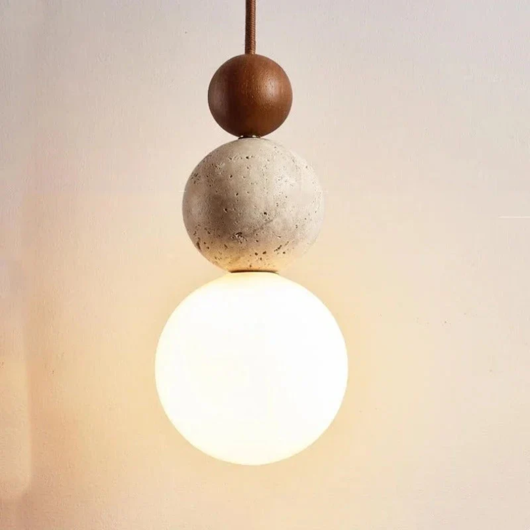 SUENTA Moderne Pendelleuchte Aus Travertin Und Mahagoni Wohnraum Creme-Weiß-Walnuss