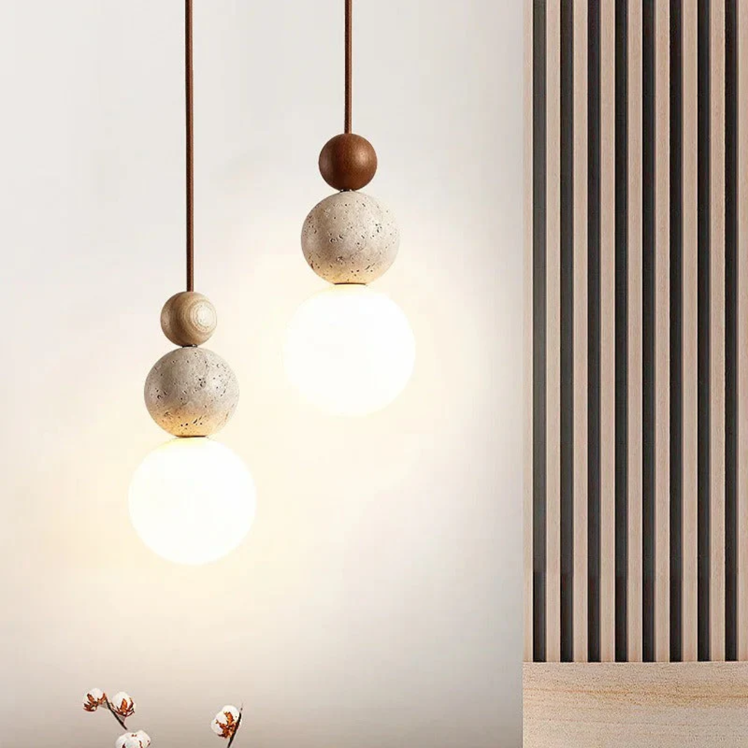 SUENTA Moderne Pendelleuchte Aus Travertin Und Mahagoni Wohnraum