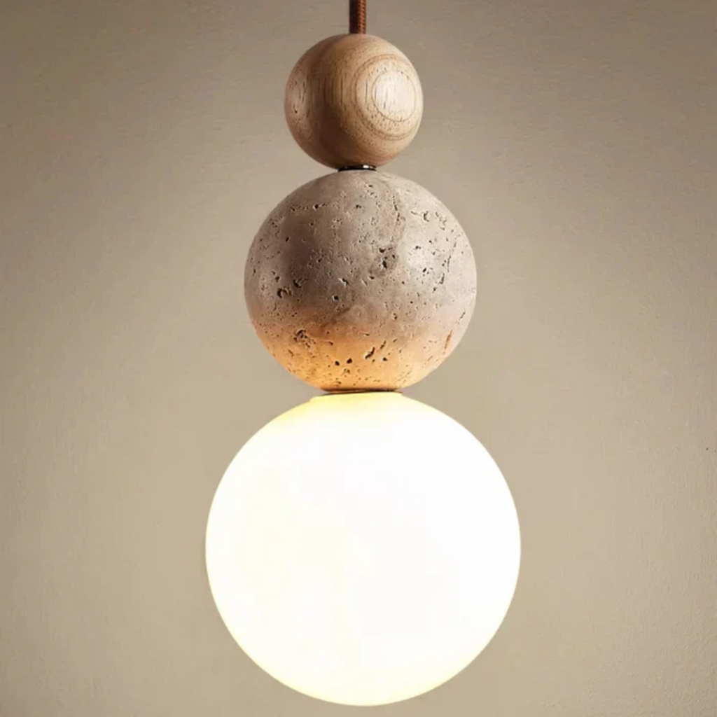 SUENTA Moderne Pendelleuchte Aus Travertin Und Mahagoni Wohnraum Creme-Weiß-Holz