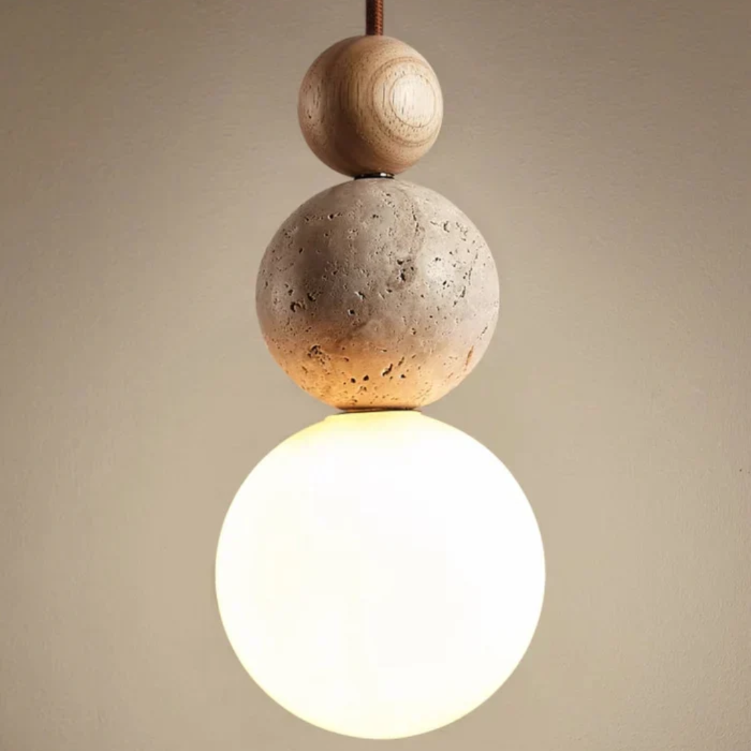 SUENTA Moderne Pendelleuchte Aus Travertin Und Mahagoni Wohnraum Creme-Weiß-Holz