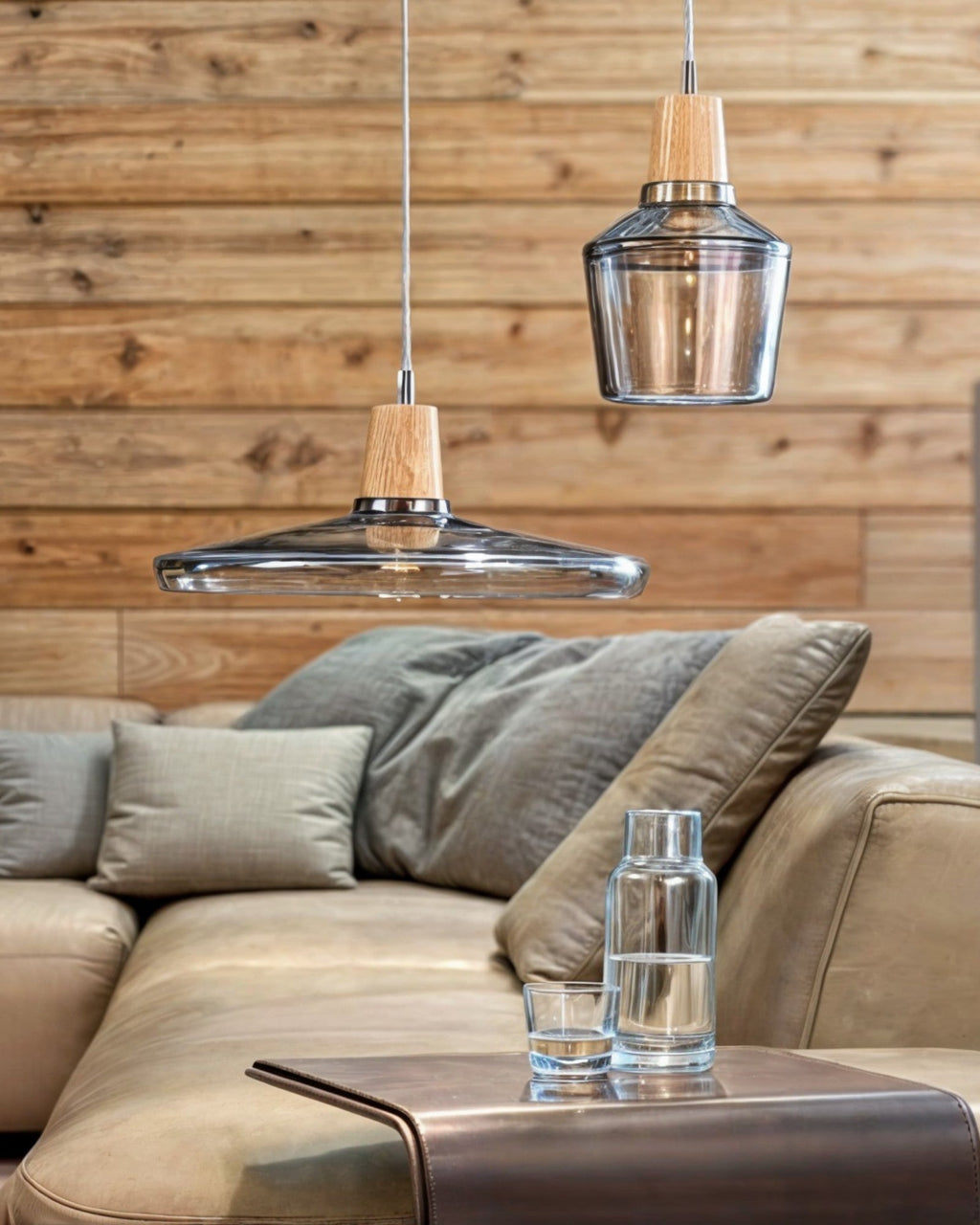 SUENTA Moderne Pendelleuchte aus Glas mit Holzsockel – E27 Hängelampe für Esszimmer