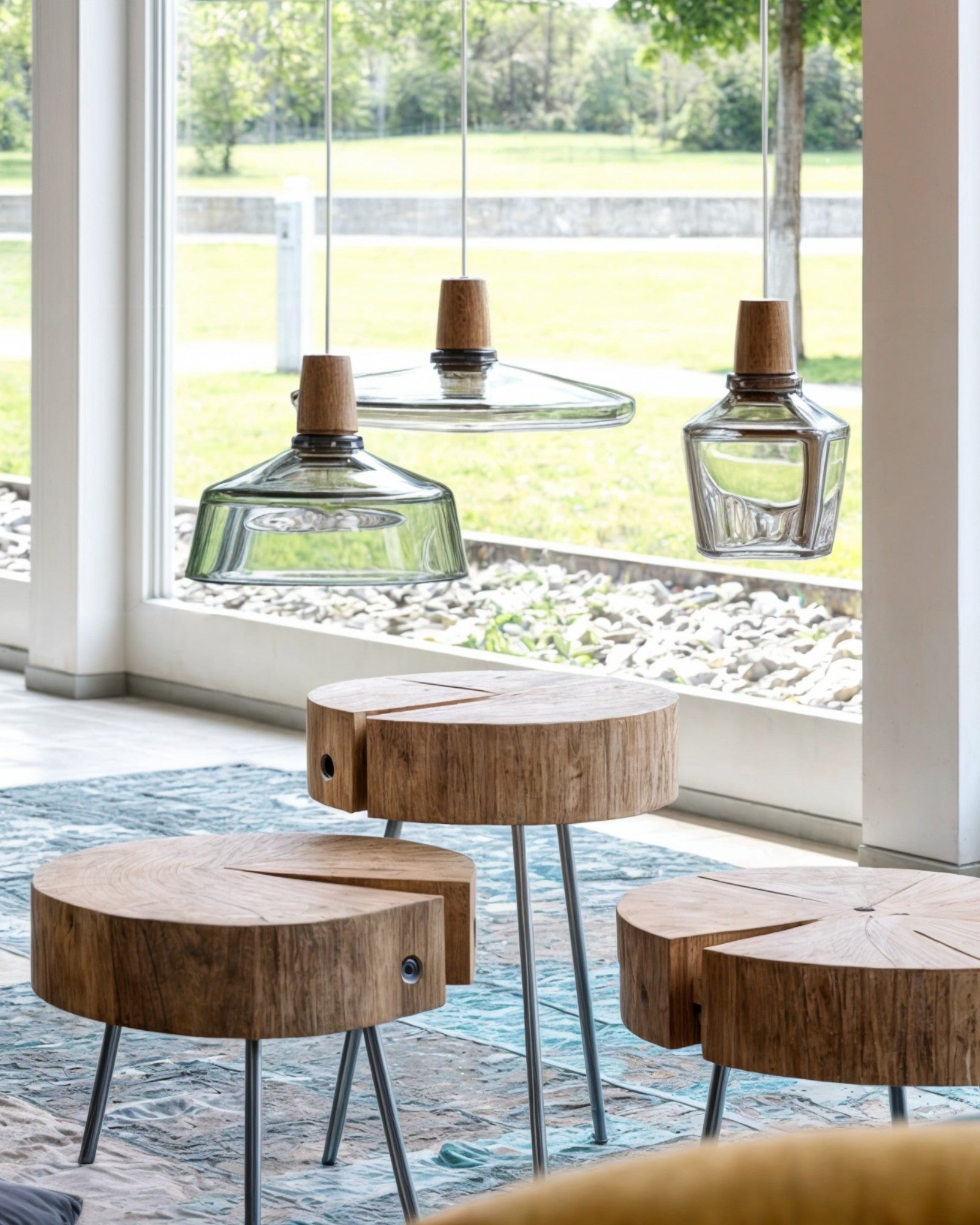 SUENTA Moderne Pendelleuchte aus Glas mit Holzsockel – E27 Hängelampe für Esszimmer