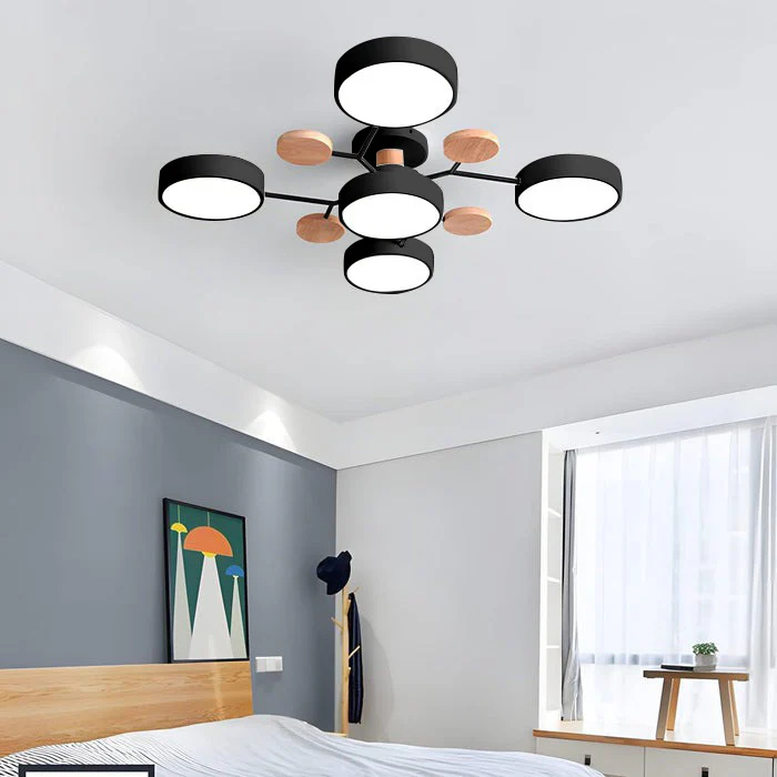 SUENTA Moderner Runder Halbbündiger LED Kronleuchter Aus Eisen Schwarz 5 Lichter - D94*H14CM