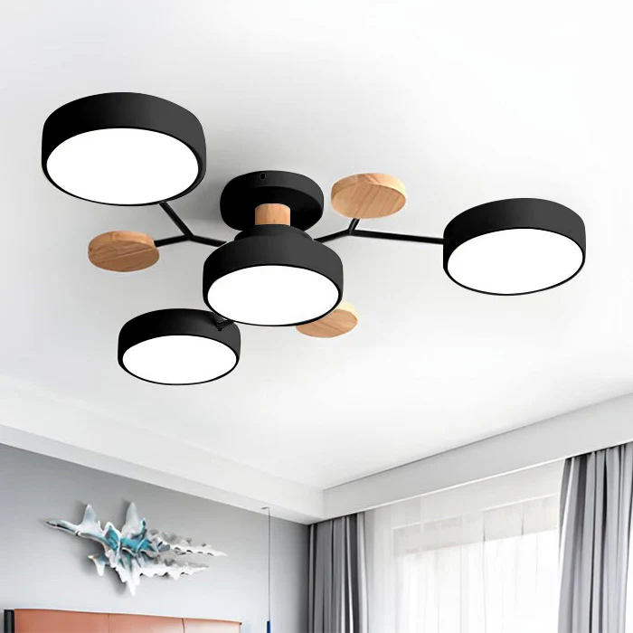 SUENTA Moderner Runder Halbbündiger LED Kronleuchter Aus Eisen Schwarz 4 Lichter - D85*H14CM 3 Farbwechsel per Schalter