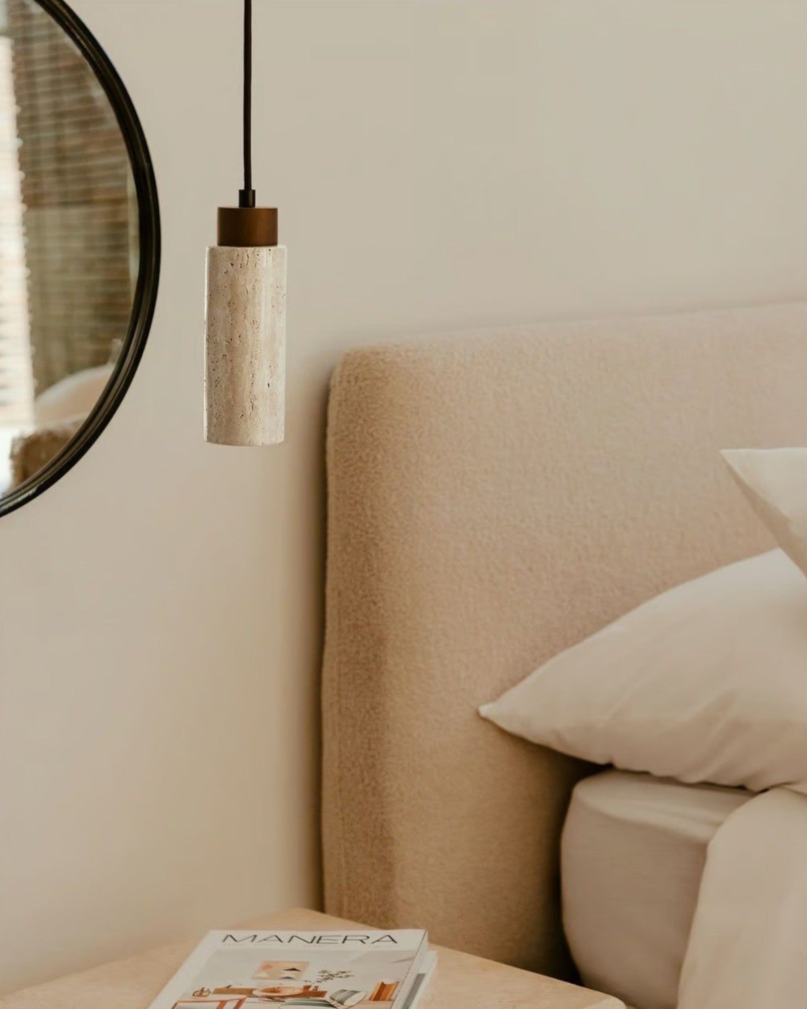 SUENTA Pendelleuchte aus Travertin und Holz – Höhenverstellbar für Esszimmer