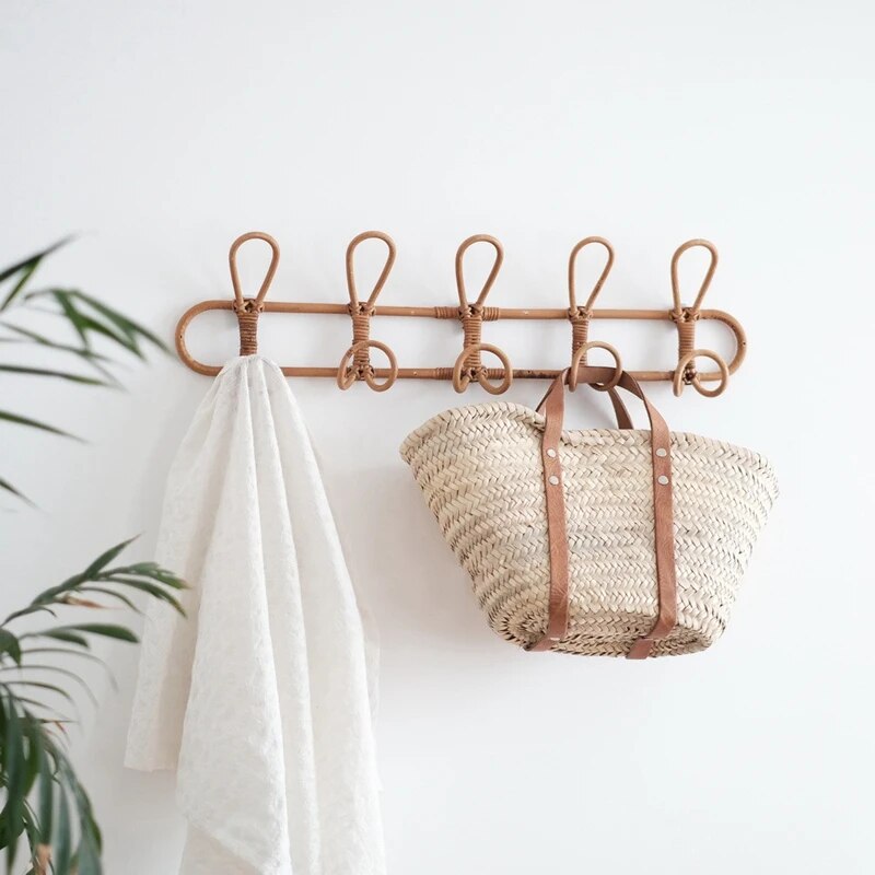 SUENTA Rattan Wandhaken für die Wand – Rustikale Hakenleiste 3/5 Haken