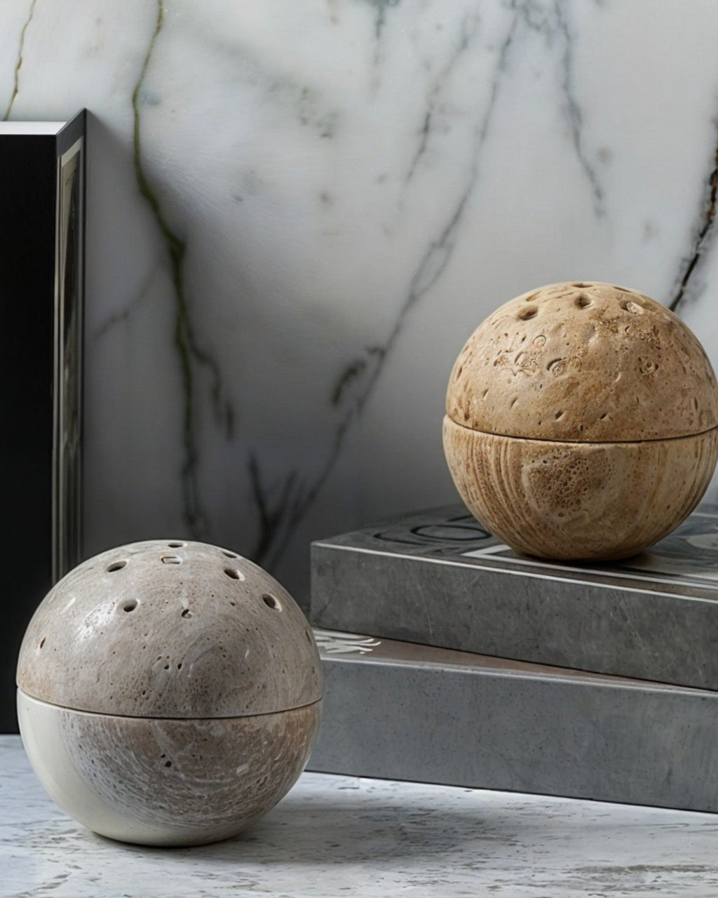 SUENTA Räuchergefäß Beige Travertin Handgefertigt Naturstein 10 cm