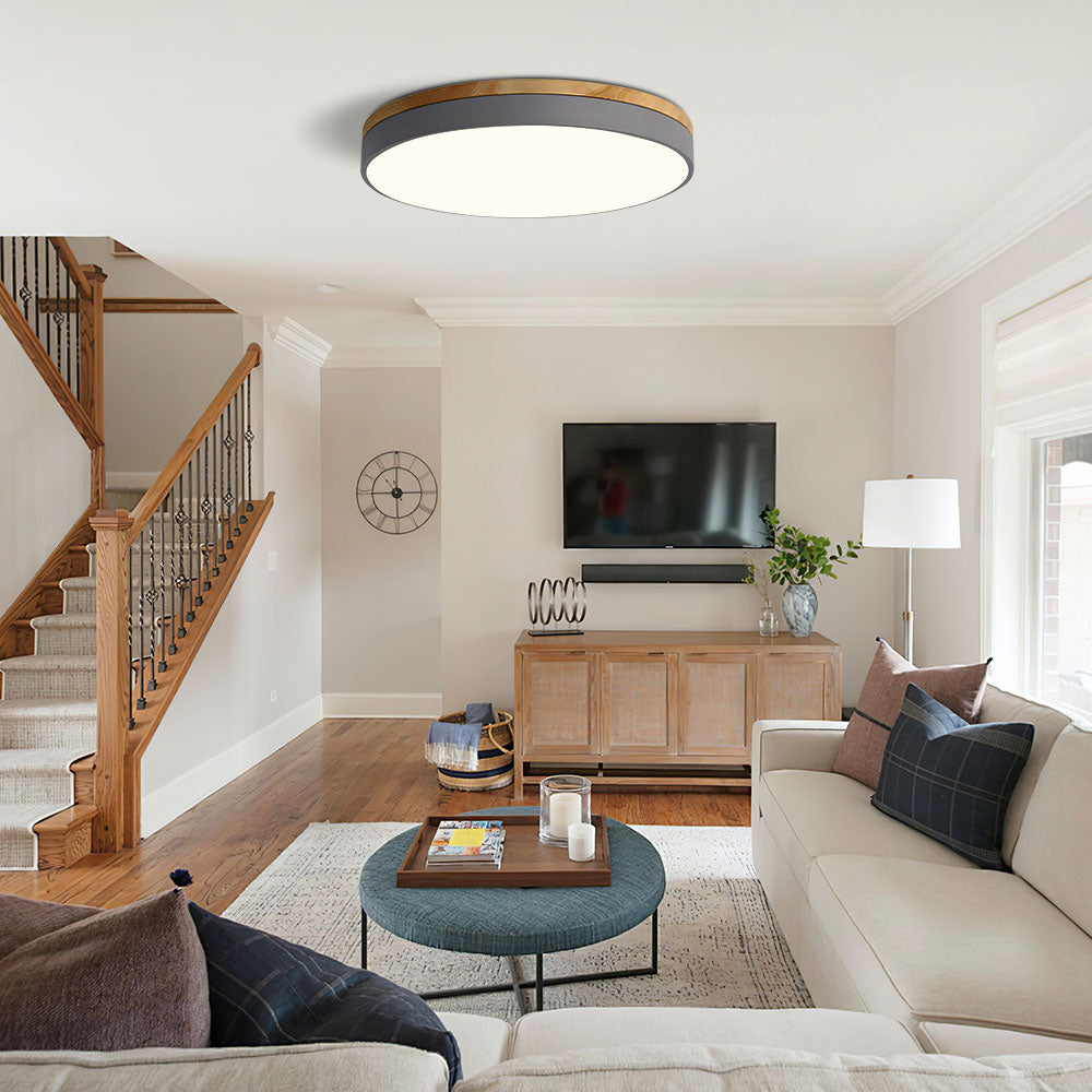 SUENTA Runde Holz Deckenleuchte Für Wohnzimmer Warmes Licht Grau