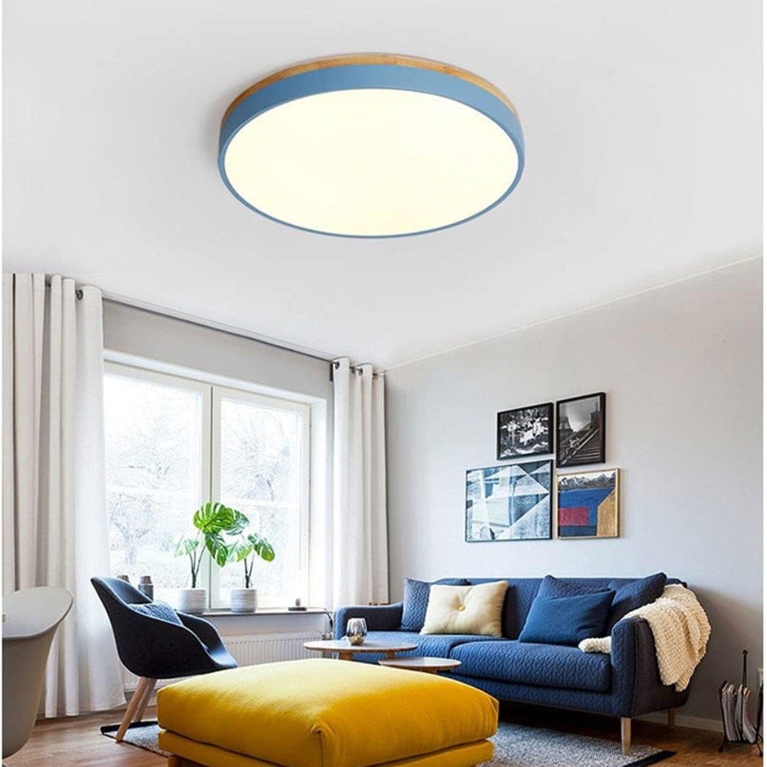 SUENTA Runde Holz Deckenleuchte Für Wohnzimmer Warmes Licht Blau