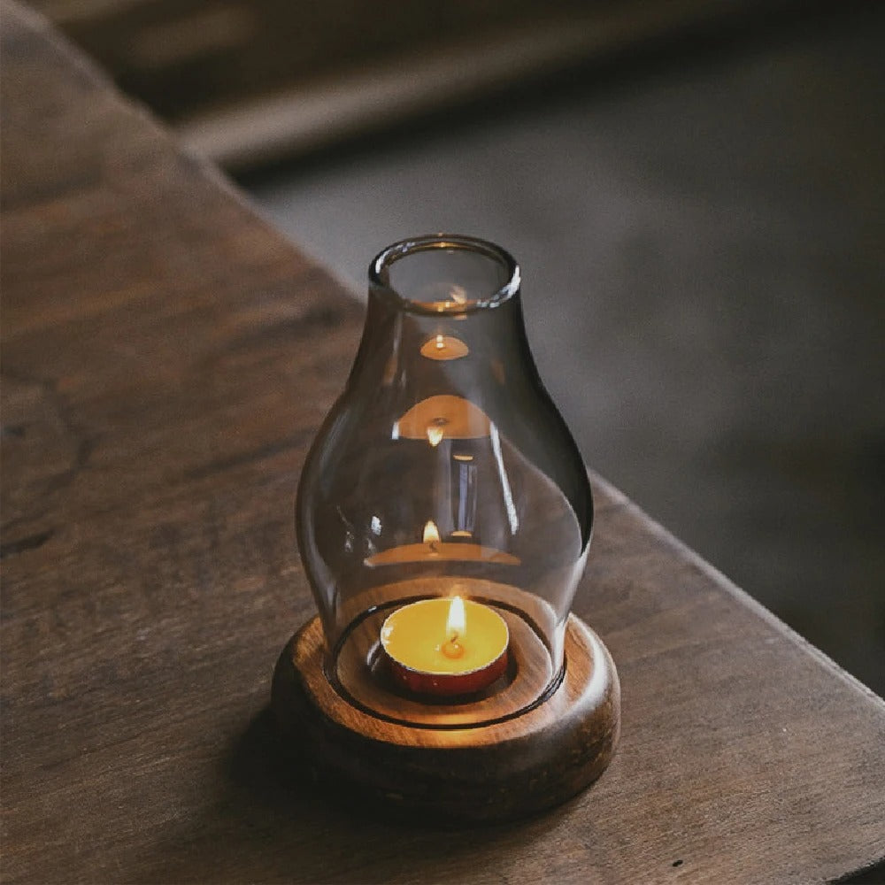 SUENTA Teelichthalter aus Glas mit Bambusbasis – Klassisches Design 10x15 cm