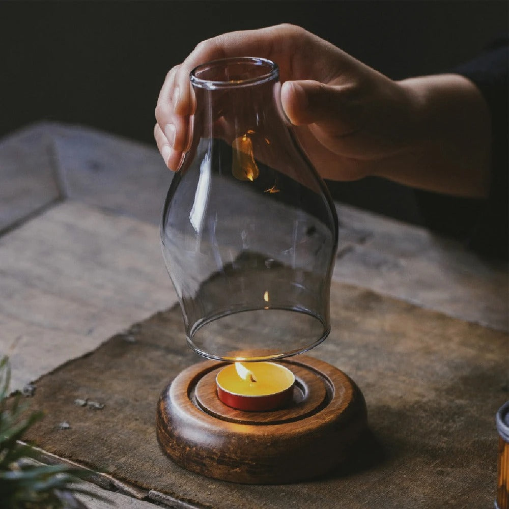 SUENTA Teelichthalter aus Glas mit Bambusbasis – Klassisches Design 10x15 cm
