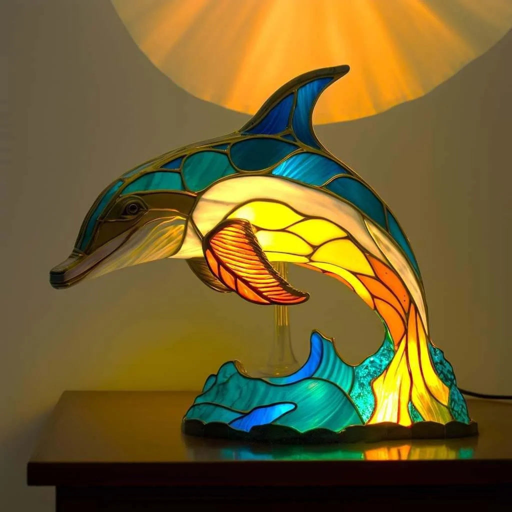 SUENTA Tierinspirierte Tischlampe aus Harz und Glas – 30 cm hoch Delfin