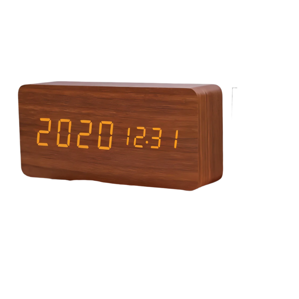 SUENTA Timevo – Digitaler Holz-Wecker mit LED-Anzeige, Temperatur & Luftfeuchtigkeit Dunkles Holz Rechteck