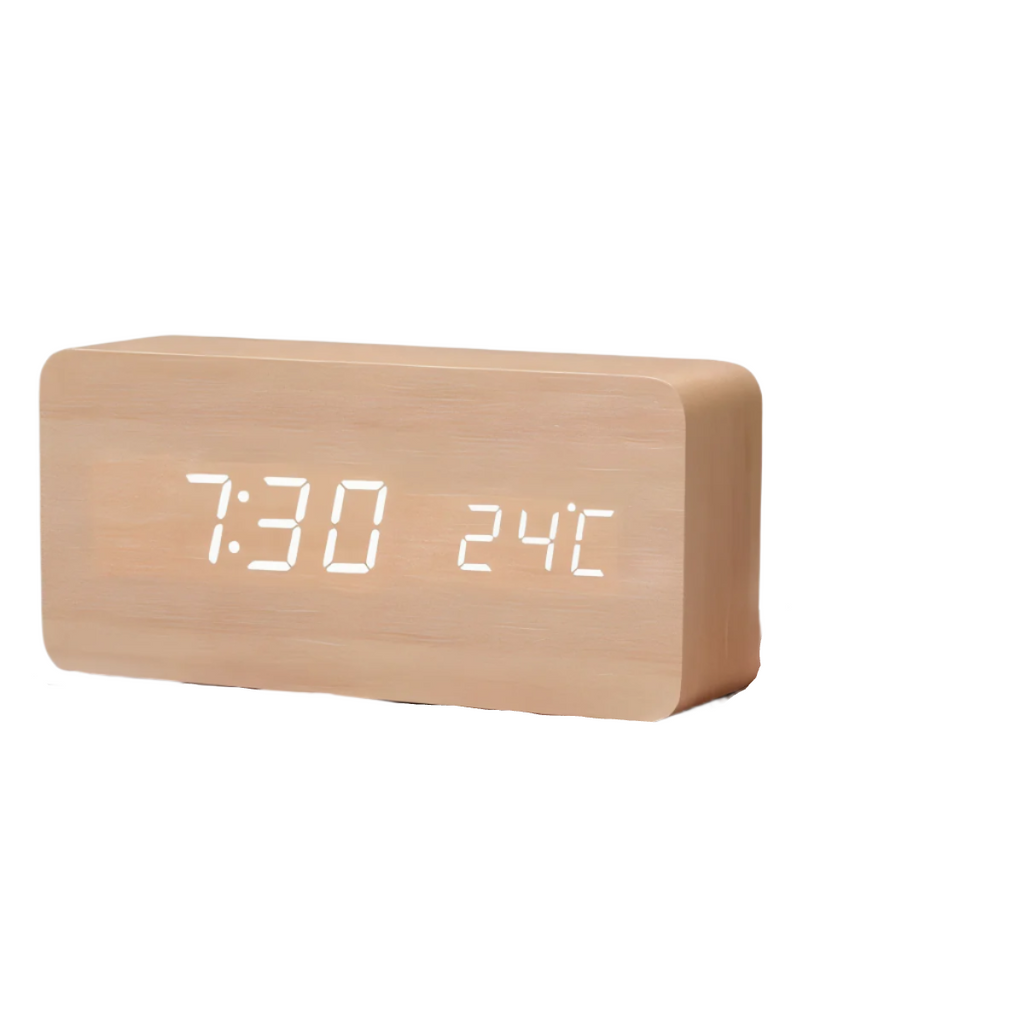 SUENTA Timevo – Digitaler Holz-Wecker mit LED-Anzeige, Temperatur & Luftfeuchtigkeit Helles Holz Rechteck